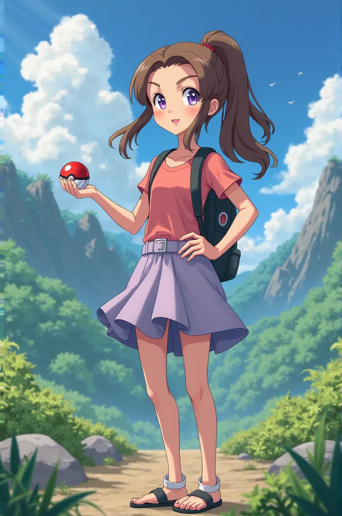 Girl pokemon trainer holding pokeball with brown hair and lilac eyes