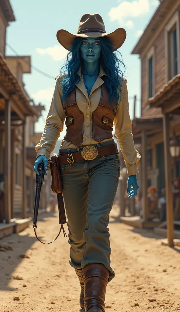 Marvel mystique with her Western-style costume and blue skin with a hat and holster around the waist walking toward the camera in the back of an old western city  