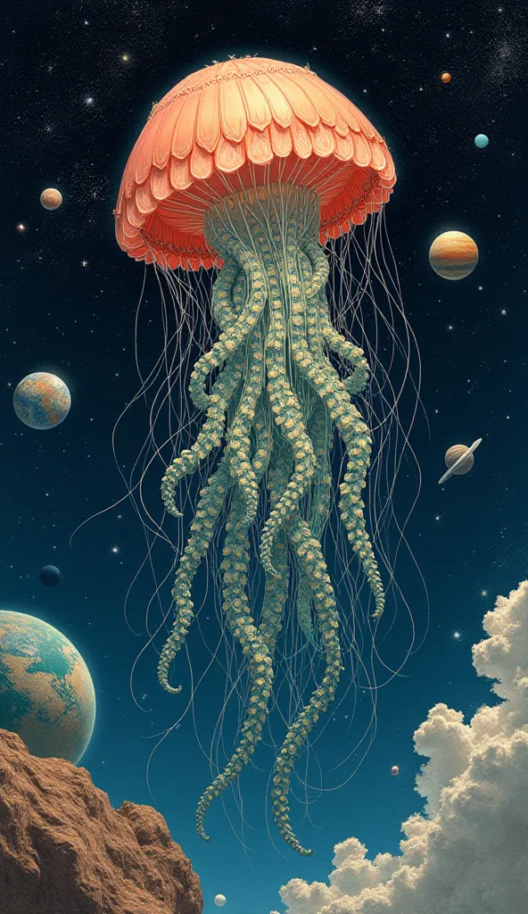 Unreal image. Peacock Medusa. jellyfish with tentacles made from real peacock feathers. Coloring like a peacock. Floating in space! There is a bright starry sky and planets around. Surrealism style, drawing details, art from the English painter Basil Ede. ...