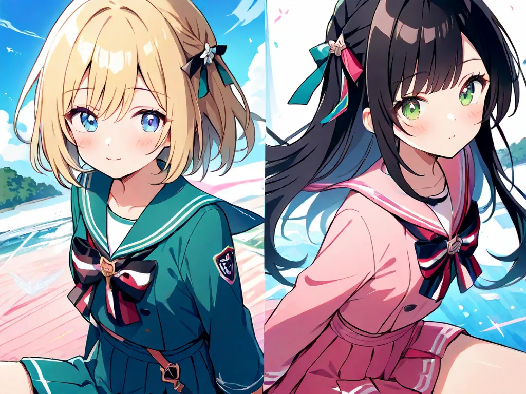 Two girls、 character for V2１（long hair、blond hair（A pair of ribbons on the left and right）、 green eyes、儚げ pale pink sailor suit wearing a hakama（ red miniskirt ））、 character for V2２（short hair、 black hair、 blue eyes、Rin々Shii、 pale pink sailor suit wearing ...