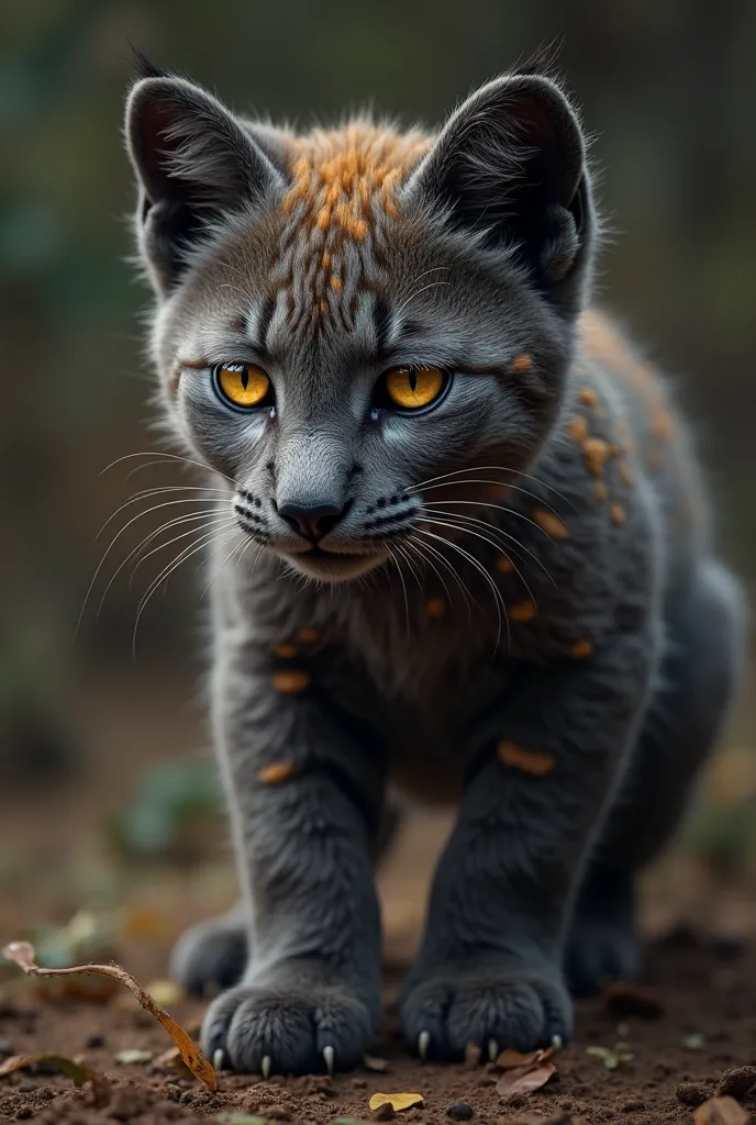  short coat, dark gray with brown tones and gold details. Subtle spots on the body and face,  muscular and agile body , with long legs and flexible tail. piercing eyes, glowing in the dark.  small ears ,  but alert . Sharp and strong claws, adapted for cli...