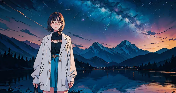 This high-quality, beautiful illustration shows a beautiful 20-something woman in revealing clothes and glasses standing coolly against a background of stars in the beautiful night sky and a distant urban nightscape. Shooting stars and the Milky Way are vi...