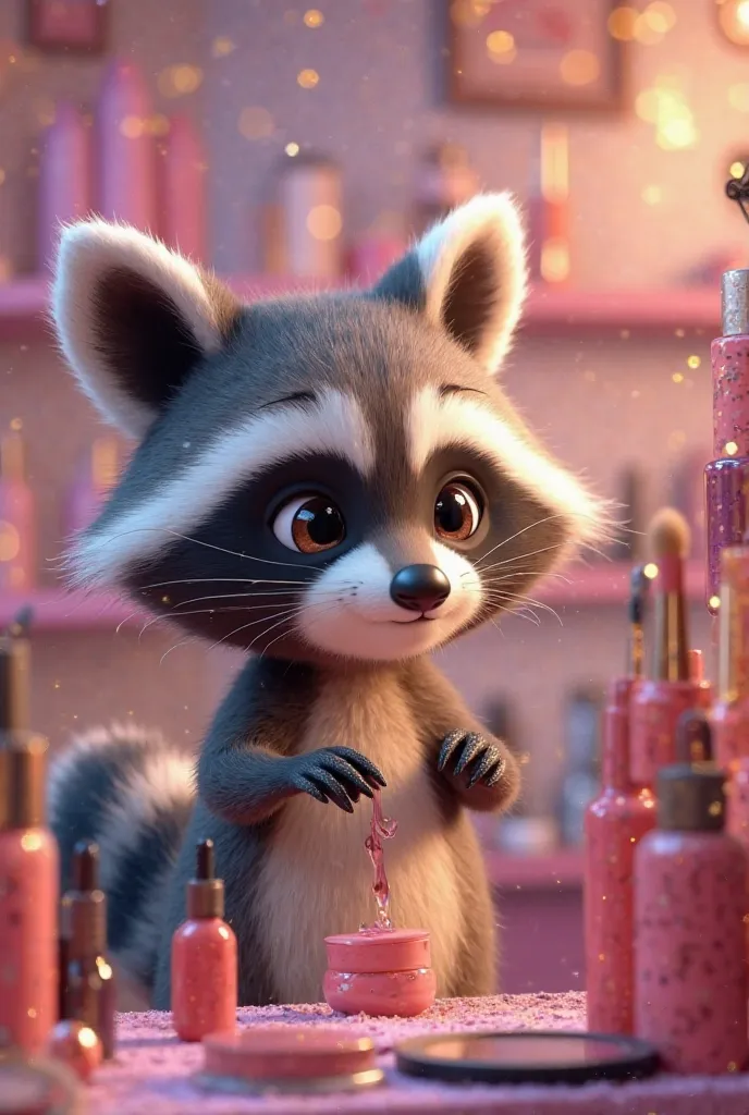 Animated raccoon doing makeup shopping