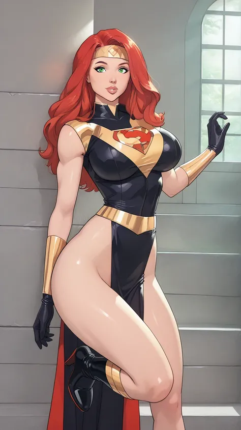 a beautiful superhero.  red hair and green eyes. She wears a red and black dress that shows her legs in the front but is longer in the back with a small A symbol above her waist.. wears gold high-heeled boots. She wears black gloves that reach her elbows. ...