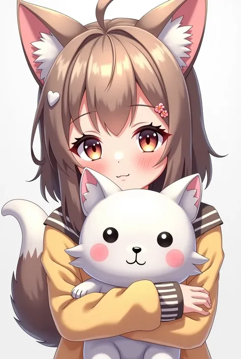 a close up of a person holding a stuffed animal, an anime drawing inspired by Ma Yuanyu, tumblr, realism, girl with cat ears, fake cat ears, white fox ears, anime girl with cat ears, fluffy fox ears, wolf ears, animal ears, anime ears, cat ears, very beaut...