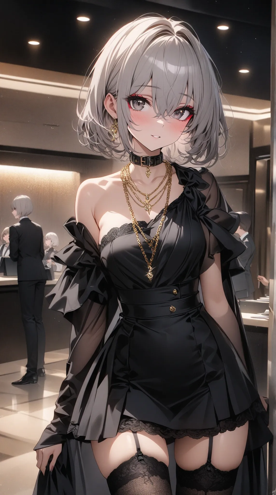 High-class call girls,front, masterpiece, Highest quality,(((One)))Illustration of a beautiful 30-year-old woman,
(((Short Bob Ash Grey Hair))),Black eyes with purple ,eyeshadow,sparkling eyes,Gentle Eyes,Long face,(Black collar),gold simple chain necklace...