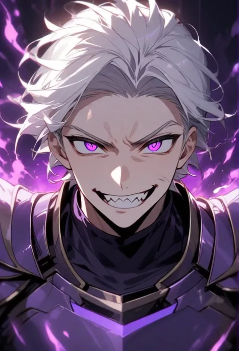  young adult Greek man with short white hair,  hair shaved on the sides, Curtain cropped hair style, Violet Eyes, effects of flares purple flames inside his eyes, wearing Greek armor all in purple that protects the entire body, wearing a simple turtleneck ...