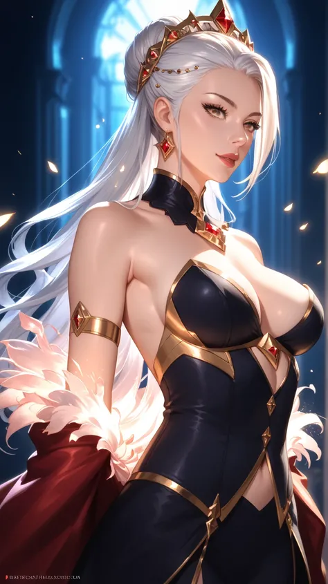  White Long Hair、 cute woman 、huge breasts 、Slim waist、Small waist、Glowing Skin、Black Nano Suit、 eight-headed body、beauty、brown eyes、