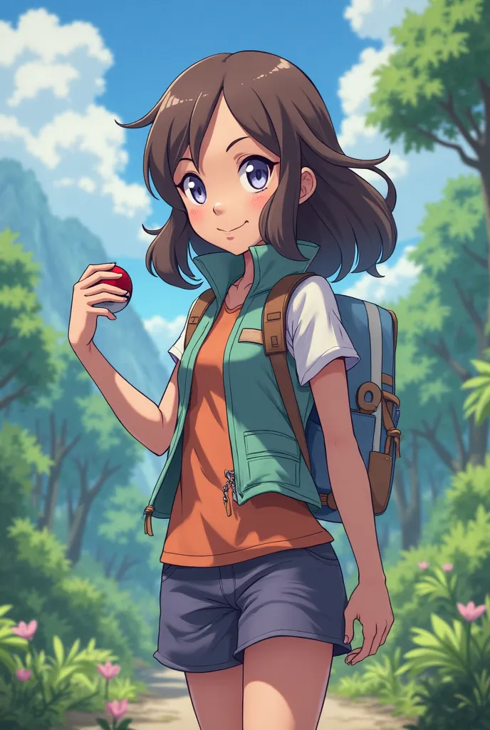 Girl pokemon trainer holding pokeball with brown hair and lilac eyes