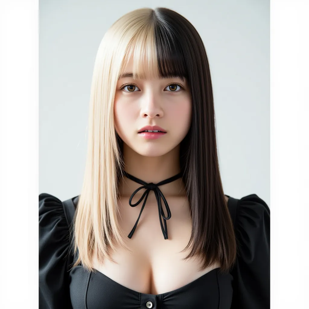 Two-tone blonde and black hair、、 hairstyle is straight、 light background、black maid outfit、The color of the hair is different on the left and right、long hair、