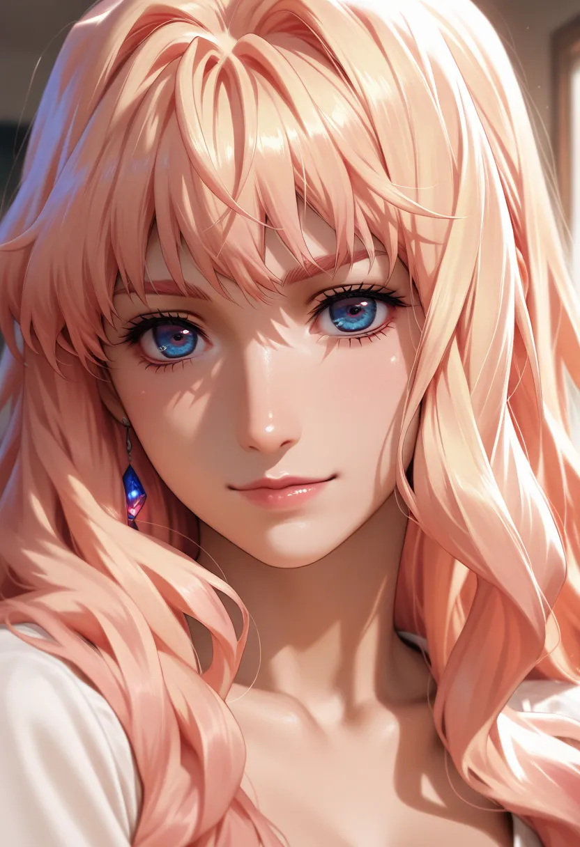 masterpiece, best quality, vibrant, very aesthetic, high contrast, photorealistic portrait,beautiful detailed face,detailed texture,detailed skin, newest, 1girl,macross frontier,source_macross frontier,sheryl nome,shirt,room
