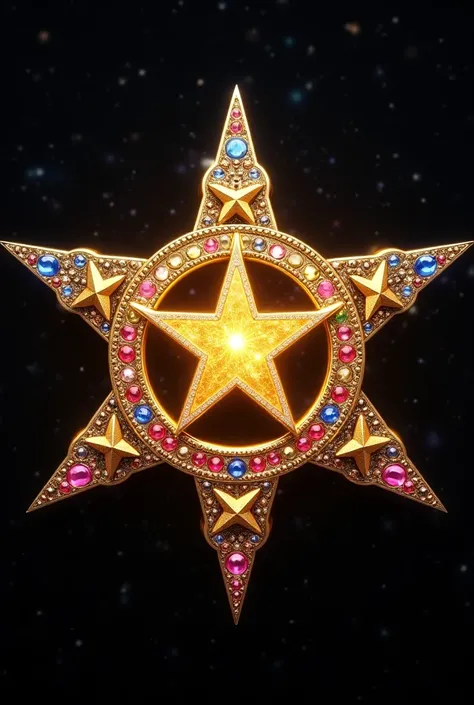 Five small golden stars in the shape of a pentagram in the middle of a five-pointed star encrusted with precious stones