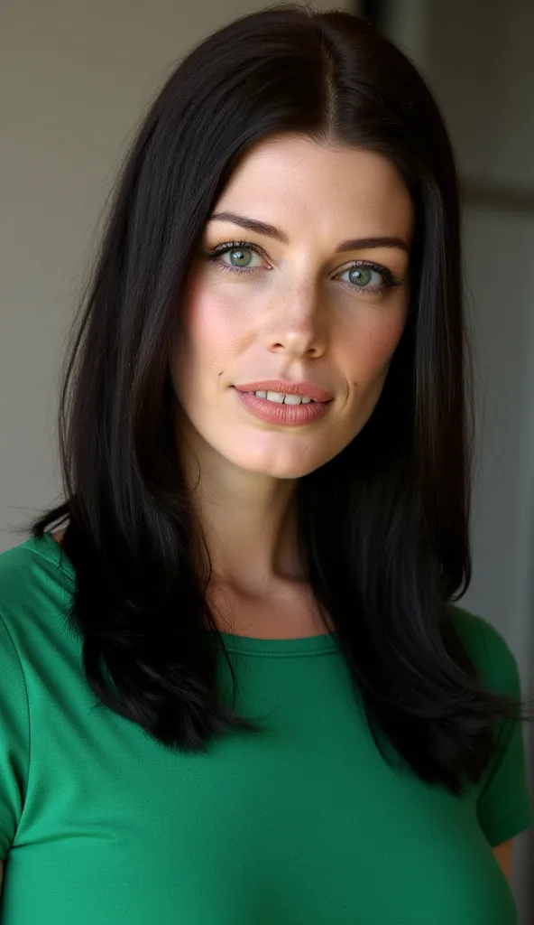 A beautiful 25-year-old woman with long straight black hair, green eyes, a cute face with perfect professional makeup, wears a t-shirt, the color must be solid green without any brand or logo
