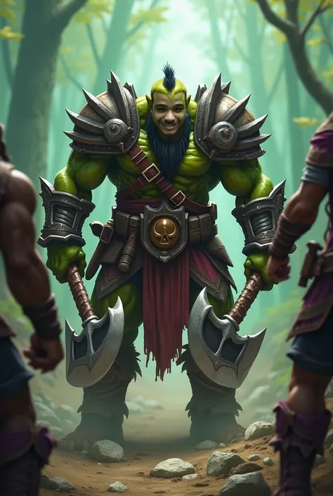 Set in the world of World of Warcraft, my character is an orc warrior from the horde faction, fighting against several humans, in a camera angle where you can see the face well, The orc uses a double-handed axe