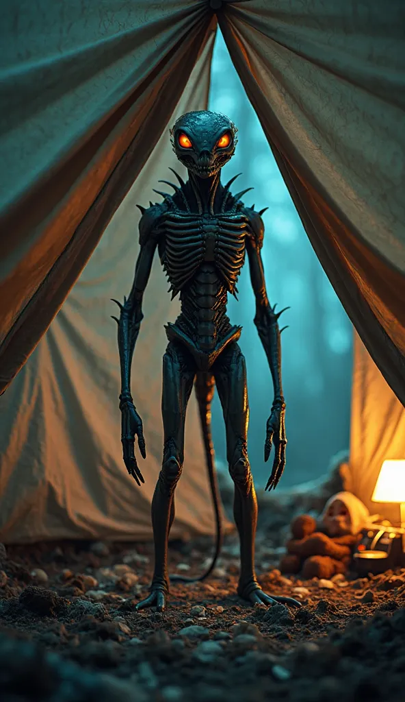 A fierce alien creature stands inside a dimly lit tent. It is tall, with glowing, piercing eyes and long, sinewy limbs. Its skin is textured, resembling a mix of chitin and muscle, with sharp ridges along its body. Despite its menacing presence, the interi...