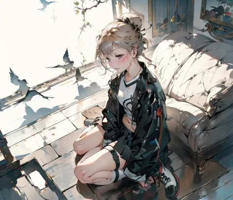 ((masterpiece:1.2)), ((Highest quality:1.2)),  1girl , ((hair bun, Blonde, black leather jacket, white t-shirt, showing belly, black mini skirt, short red socks, white sneakers)), (sitting on floor, (( wariza)), V arms:1.2), (full body, Two Legs), (High an...