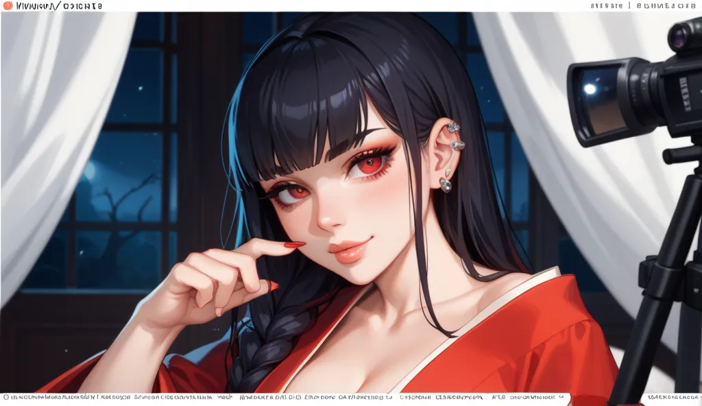 "An ultra-detailed anime-style illustration of a breathtakingly seductive Japanese woman in a dimly lit, eerie bedroom. She has long, flowing black hair, piercing red eyes,give a psychopath vibe, and wears a loosely draped traditional red kimono that revea...