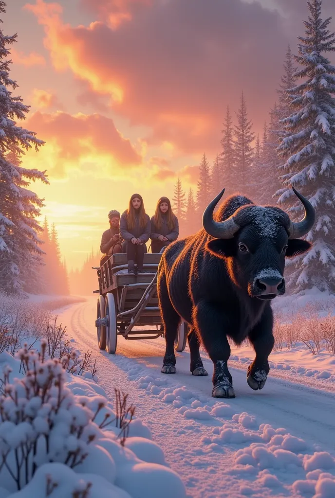 ( shoes ) A fragile road covered with purple and gold snow, a large buffalo pulling a wooden cart with two accents keeping a slow pace, puffing milky plumes of air that are entangled with curved horns, the sky clouds are always colored, rosa, since all the...