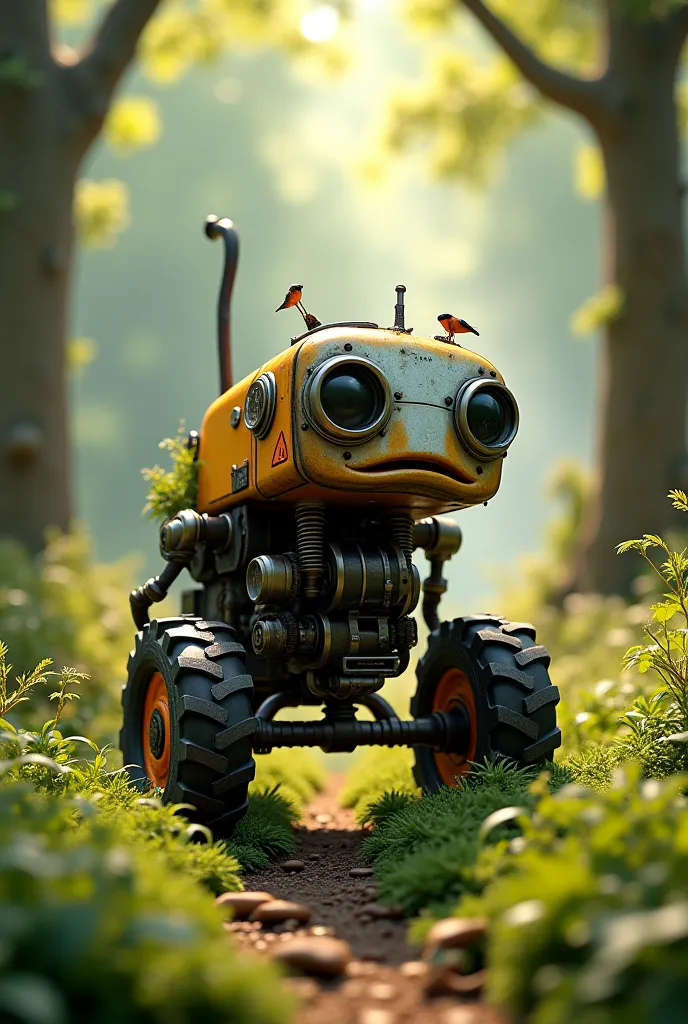 Motor cultivator with eyes and mouth in the forest 