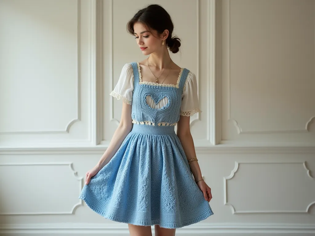   Nice stylish one vintage skirt design crochet with wool luxury small cute new roses design on wool simple one vintage skirt and separate different design sky blue color full view pic full room view zoom out on youngster lady under neck simple fresh brigh...