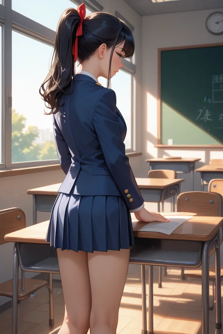 A tall, slender Japanese high school girl with long black hair tied in a ponytail stands inside a classroom. She has fair skin and wears a navy blue blazer, a matching navy blue skirt, and a red ribbon. The setting is a traditional Japanese classroom with ...