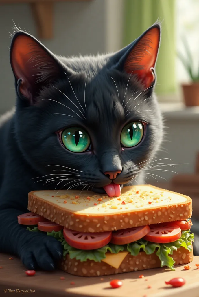 Generate an image of a black cat eating a sandwich 