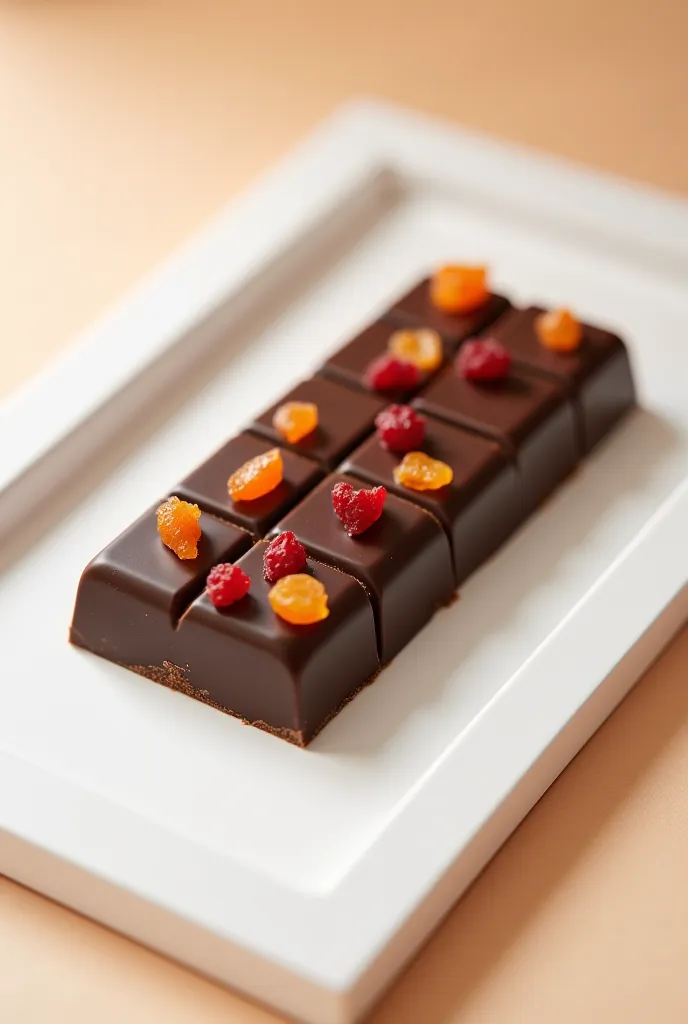 Traditional rectangular chocolate bar with dried fruit on top in white box 