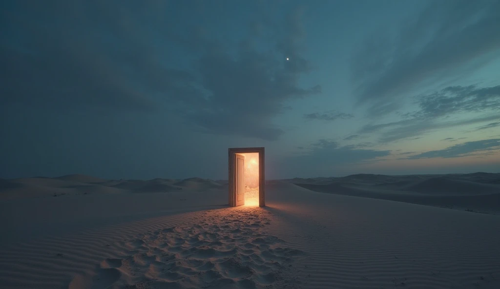 A lone open door standing in an endless desert under a twilight sky, leading to an unknown reality beyond. The wind gently stirs the sand around its base, while an eerie, glowing light spills out from the doorway, suggesting a portal to a place beyond huma...