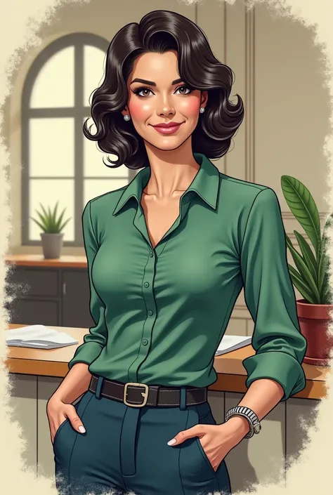 Create a drawing of a female company attendant, from 40 years ago,   Dark brunette, latina, curly hair, with green dress blouse and navy blue pants, with arms crossed,  Talking on the smartphone 

