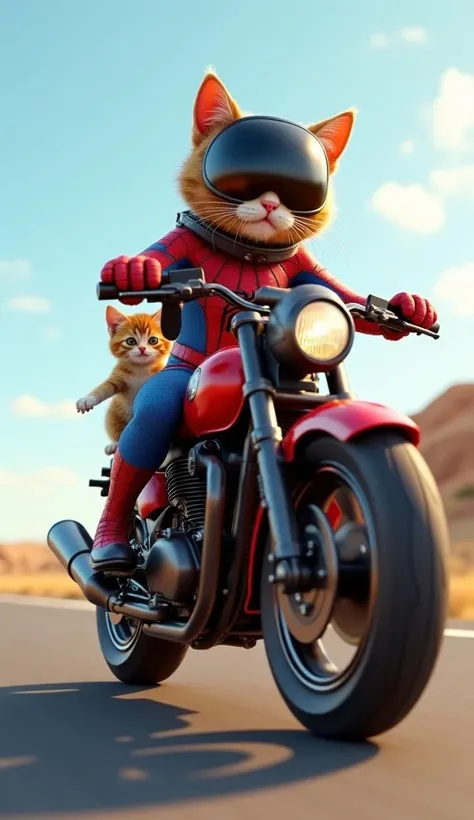 "A highly detailed, 3D Pixar-style scene of an anthropomorphic cat riding a motorcycle designed like Spider-Man’s suit, featuring red and blue colors with a web pattern. The cat is wearing a sleek black helmet with a tinted visor. Sitting on the bike’s fue...