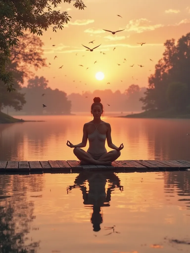 A serene setting at sunset, with soft orange tones, pink and gold reflecting in a tranquil lake.  In the center of the image , a person is sitting in a meditation position,  with his legs crossed, on a small wooden platform by the lake.  Her posture is rel...