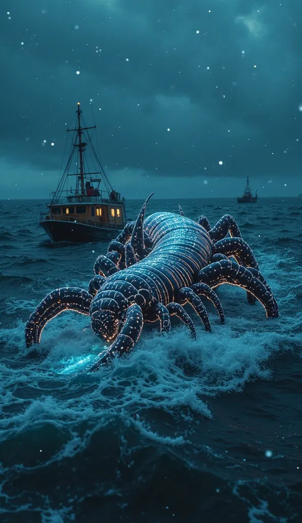  Segmented bioluminescent marine creature similar to a giant centipede,  being pulled onto a boat by fishermen in cold weather ,  stormy ocean waves  ,  brilliant and intricate details , cinematic lighting, photorealistic,  terrifying alien atmosphere "