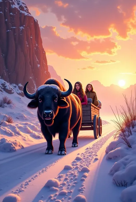 ( shoes ) A fragile road covered with purple and gold snow, a large buffalo pulling a wooden cart with two accents keeping a slow pace, puffing milky plumes of air that are entangled with curved horns, the sky clouds are always colored, rosa, since all the...