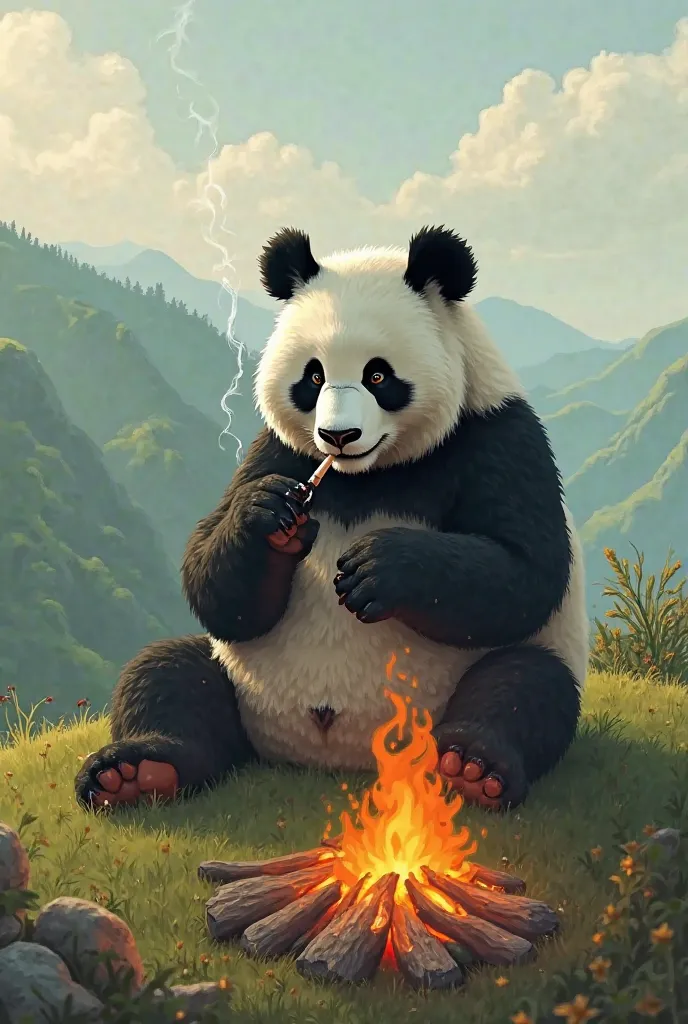 Panda smoking on a hill with a fire in front of him 