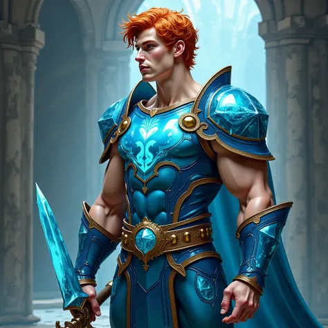 Make an full body photorealistic character of the hero. incredibly handsome and extremely muscular body builder with narrow waist and big muscular legs and big well rounded buttocks. ginger wavy haired young male wearing blue-teal and crystal sexy revealin...