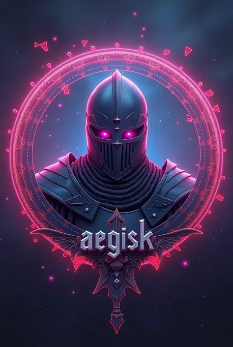 Circular gaming logo, with a hidden medieval knight where I marked his eyes in purple, Vaporwave colored, with the palabra "aegisk" in the center. Play the word "aegisk" with the "a" in capital letters 