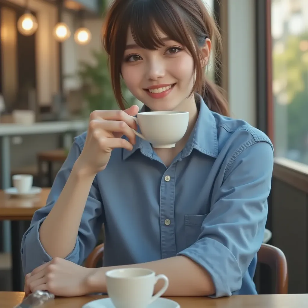 A Japanese man, 18 years old, brown hair, wearing a blue shirt, drinking coffee in a cafe, smiling