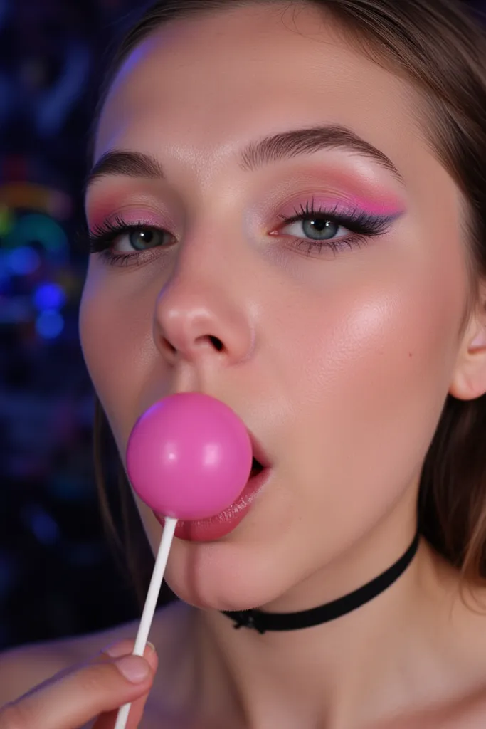 score_9, score_8_up, score_8, masterpiece, best quality, good quality, very aesthetic, 8K,
BREAK
young woman, sexy look, cute, close up of face, holding a pink translucent round candy on a stick, licking lollipop, resting on tongue, pink eye makeup, blue e...