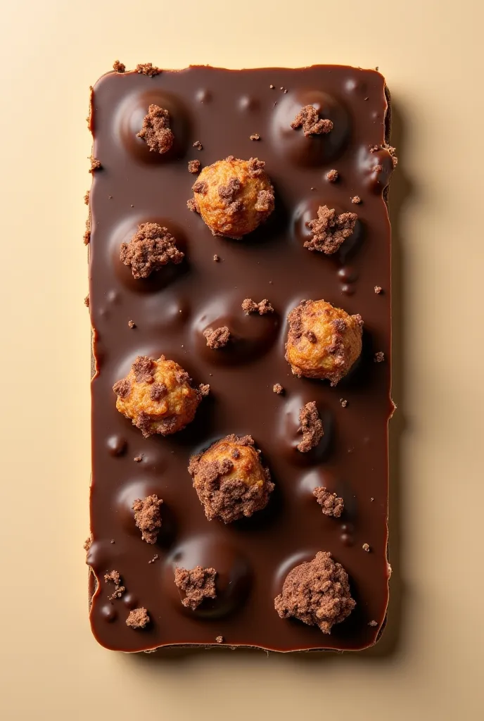 Flat rectangular chocolate bar with dry fritters 