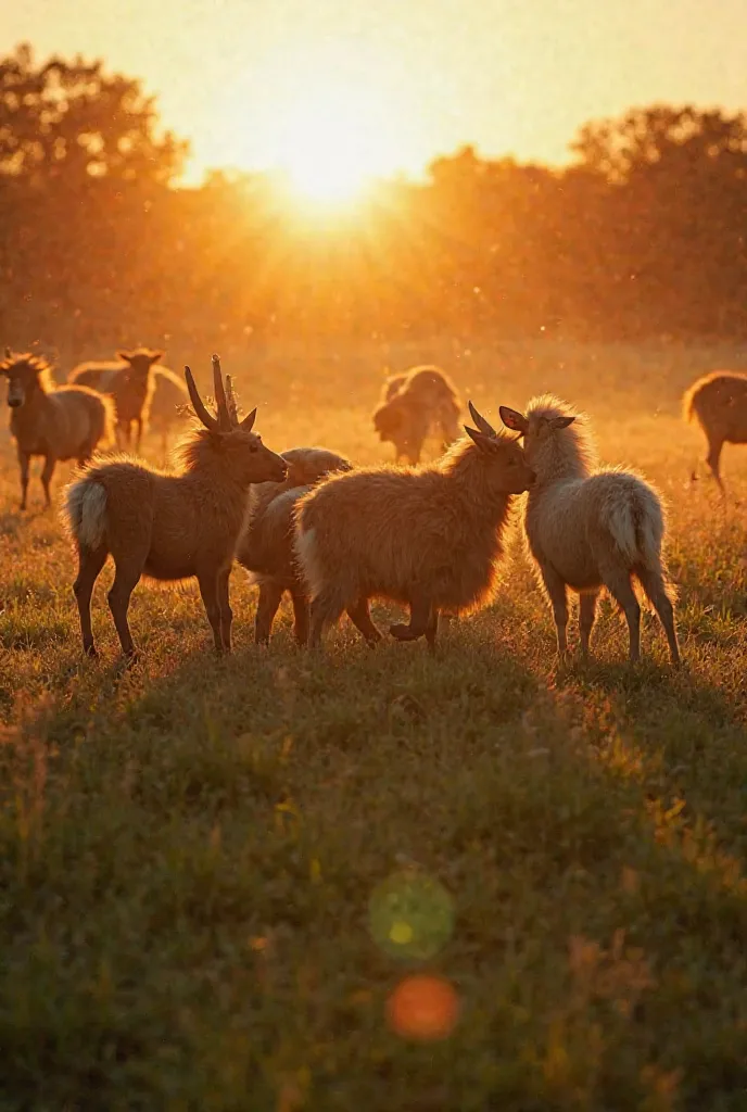 The setting sun gradually sets, and the warm sunset shines on the grass; a group of animals are chasing each other and rolling on the grass, their hair shining in the sun; other animals in the background are grazing leisurely, the breeze is blowing, and th...