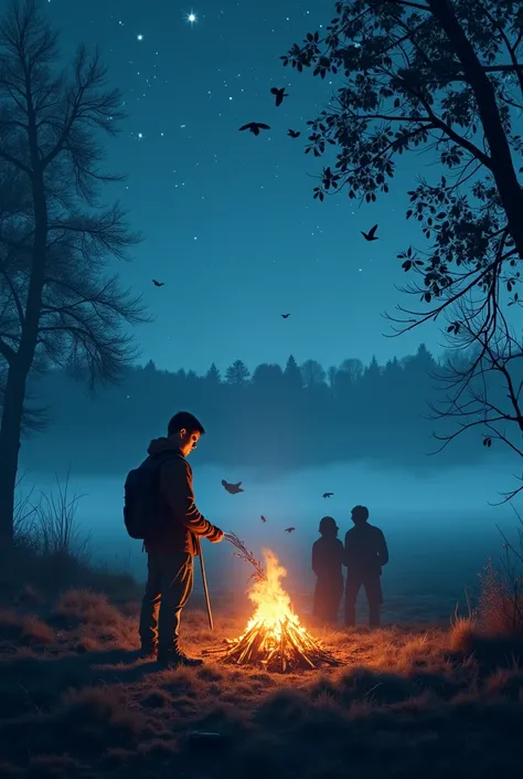 Фотореализм, крупным планом. Create an image depicting a nighttime camp shrouded in light mist. In the foreground is a young man named Pasha, tossing branches into the fire, with a sharp gaze, preparing for possible danger. In the distance, the silhouettes...