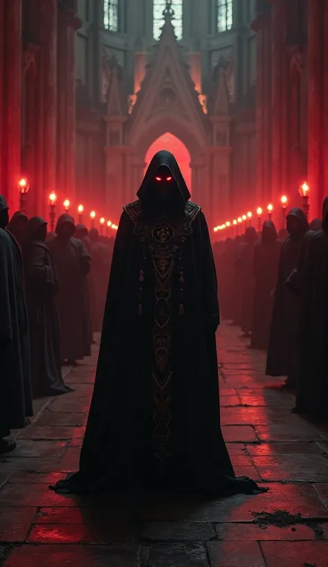 mysterious figure, shrouded in darkness. He stands in the center of an ancient Gothic cathedral, illuminated by dim red candlelight.  his face is hidden by the shadow , but burning red eyes pierce the darkness. The robe resembles the papal robe, but black,...