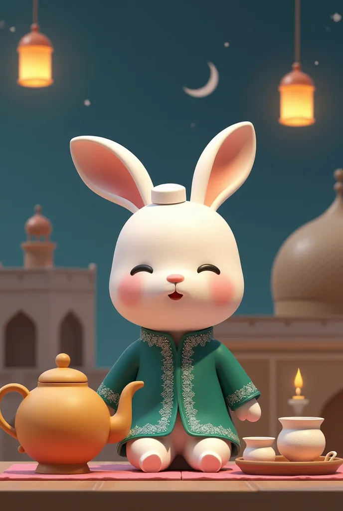 A chibi rabbit in a deep green kurta with intricate silver patterns, paired with white pajama pants. The rabbit wears a small white prayer cap and is seen sitting beside a golden teapot with cups, symbolizing traditional iftar gatherings. The background fe...