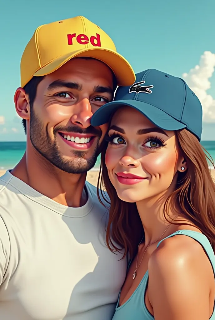 Pixar-like image of a couple taking a selfie.
He wears a yellow hat that says “red” he wears a white sweatshirt. She is muscular with a light brown complexion. Full eyebrow and medium eyes. Nice nose and short padlock beard.
She is a light brown with long ...