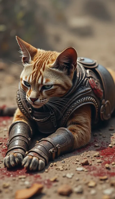 greek soldier cat with boots with wounds and blood , lay down in the ground  with sad mood