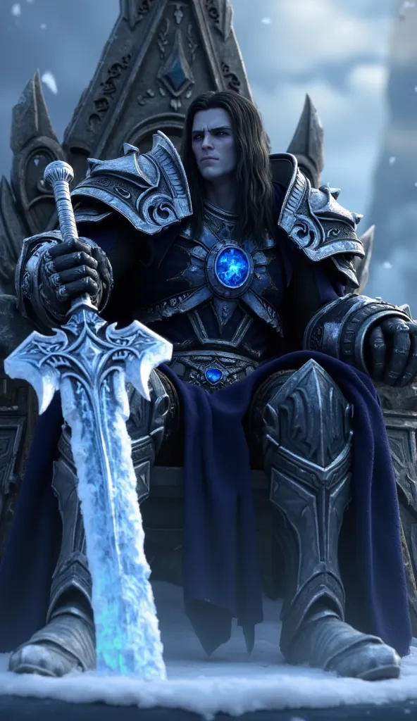 ((Hyperrealistic)) ((Precise)) ((Perfect)) ((Masterpiece)) Arthas as the Lich King, he wields his ice blade Frostmourne that has its blade covered in ice, he is sitting on the ice trone without his helmet Ice Crown. World of Warcraft style art. Black hair ...