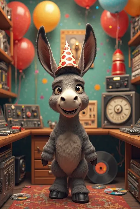 Birthday donkey in a radio booth with a microphone and several discs, Consoles 