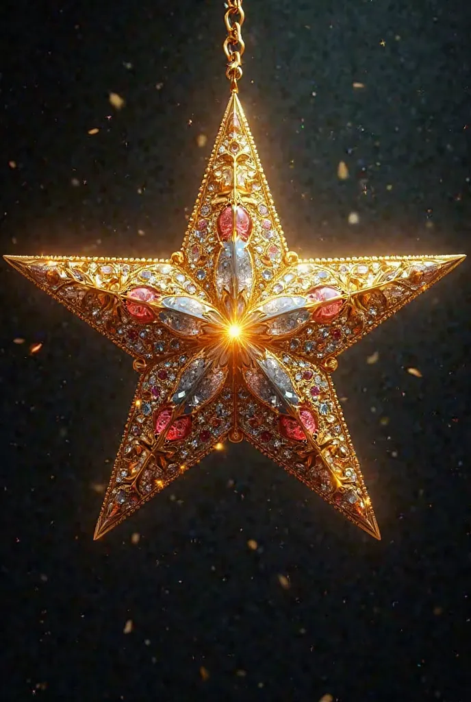 A five-pointed gold star encrusted with precious stone and decorated with glass crystals