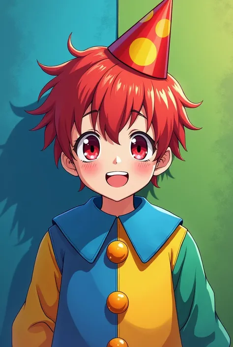 Good looking young boy with red hair, red eyes, wearing a party hat, wearing a clown costume. The left side is blue, the right side is green, has two big yellow buttons and the collar area is blue. Please take an anime picture. Thank you.