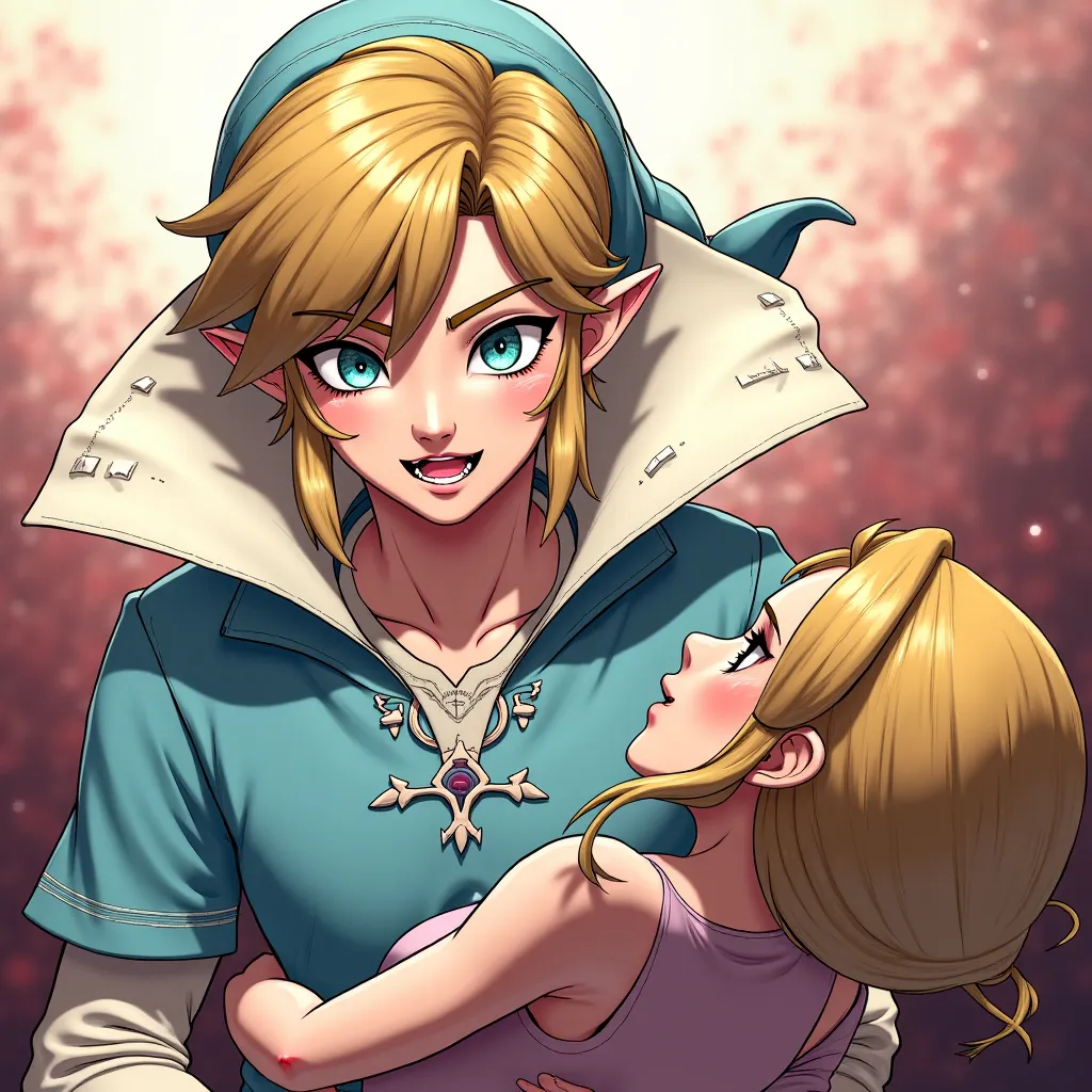 Anime Legend of Zelda King Link wearing a Massive popped collar polo with a collar so high it's taller than his head he stabbed Princess Zelda to death